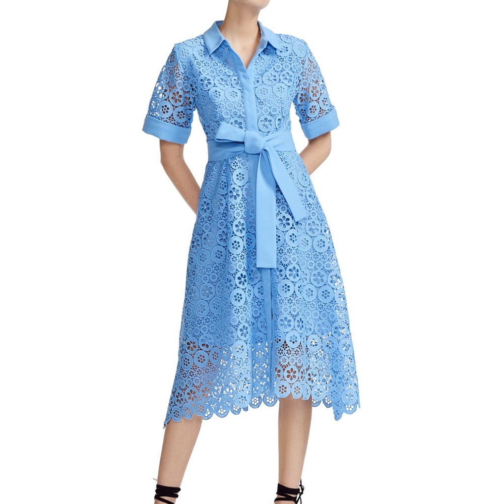 Maje Ralfa Belted Crepe-trimmed Guipure Lace Midi Shirt Dress